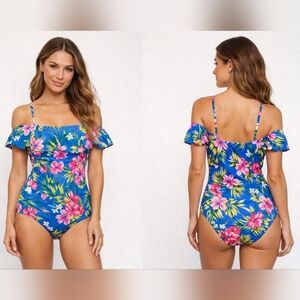 Kona Sol Floral One‑Piece Swimsuit Blue Floral Size S
